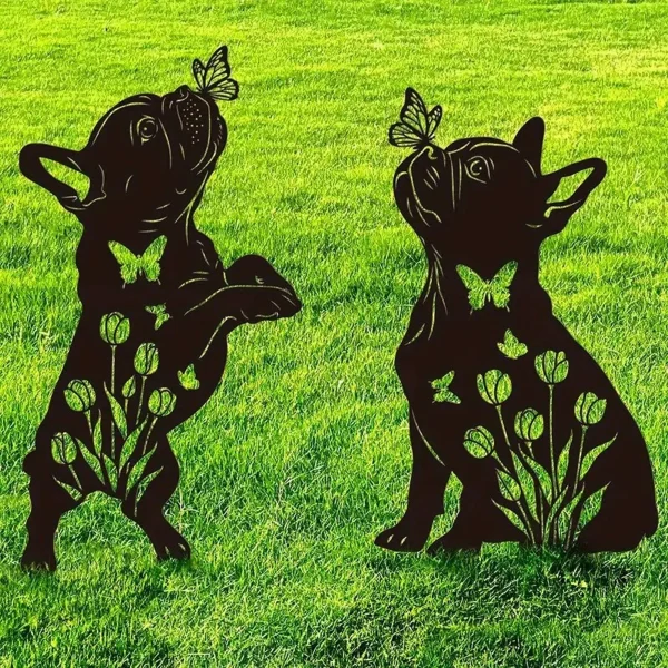 Set of 2 Metal Garden Stakes  Butterfly and Dog