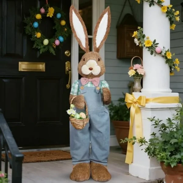 4FT Outdoor Easter Decorations for Porch Home Extra Large Easter Bunny-Sisal Rabbit Standing Tall Bunny Statue with Eggs for Ou